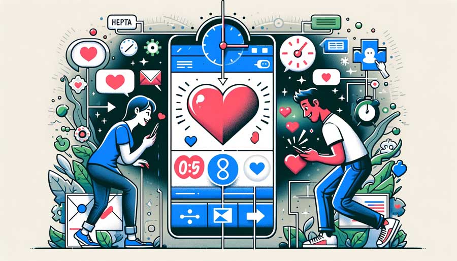 Digital Dating Etiquette: A person happily receives a heart emoji on their smartphone, symbolizing a first romantic move made through an online platform, with icons representing ideal timing and connection.