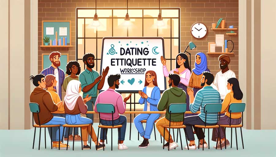 Group discussion at a Dating Etiquette Workshop, with culturally diverse participants engaging and sharing insights on navigating romantic relationships in a community setting.