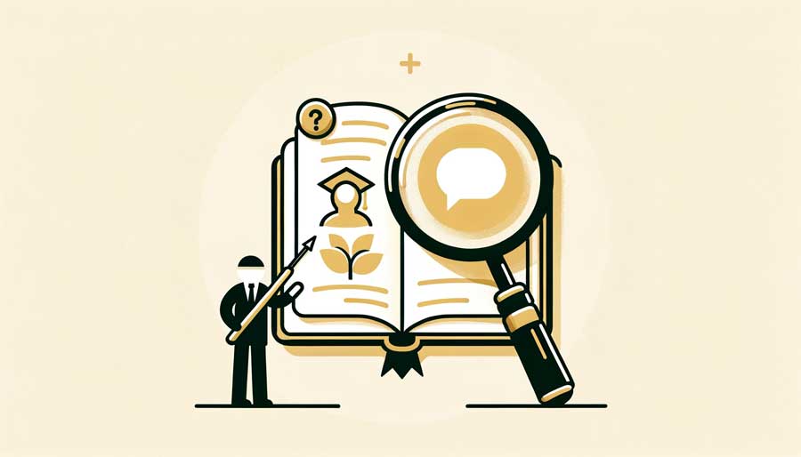The image includes a magnifying glass focusing on a book and a speech bubble, along with a representation of professional guidance, emphasizing the search for quality language training resources.