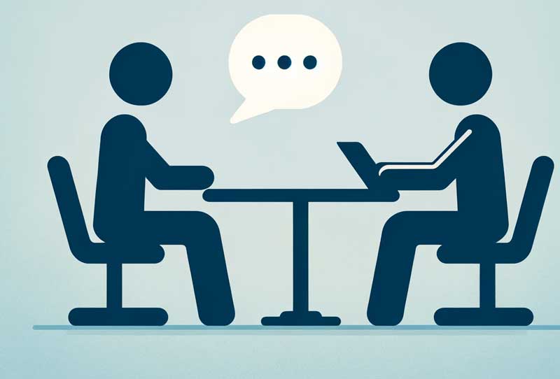 The image depicts a simple representation of a job interview with abstract figures, suggesting a role-play conversation in a professional setting. 