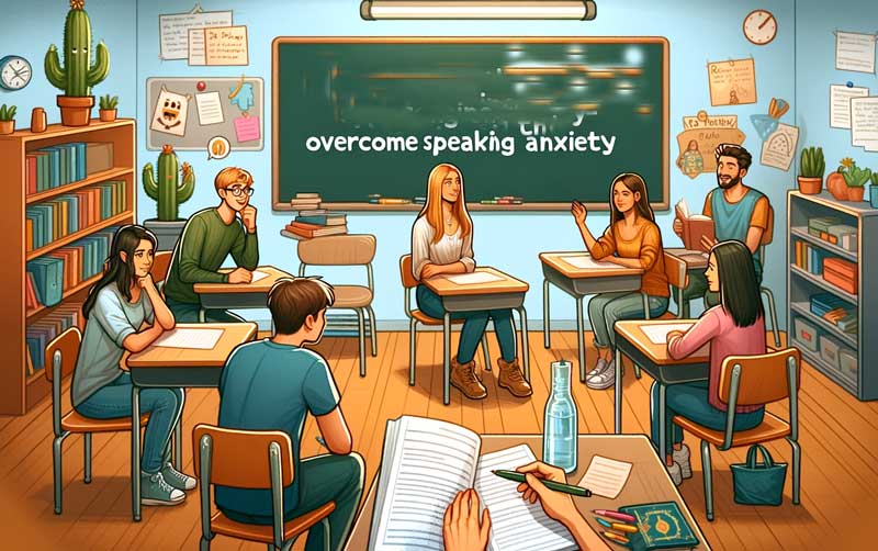Classroom scene showing students engaged in role-play to overcome speaking anxiety, with a supportive teacher providing feedback, depicting a safe and encouraging language learning environment.