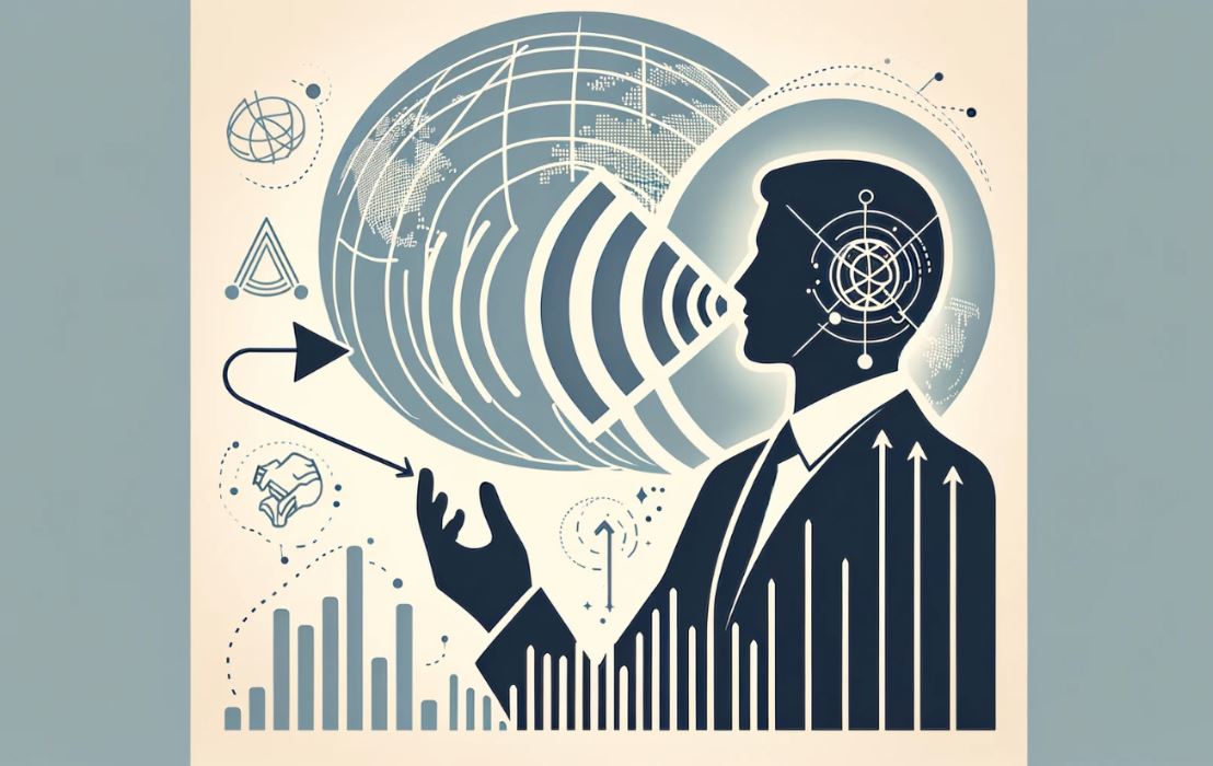 blog image for "Accent Reduction and Career Advancement," featuring a professional silhouette speaking, with sound waves flowing towards a network of global connections, and a subtle upward arrow indicating career growth. This design conveys the impact of accent reduction on professional development and global integration.