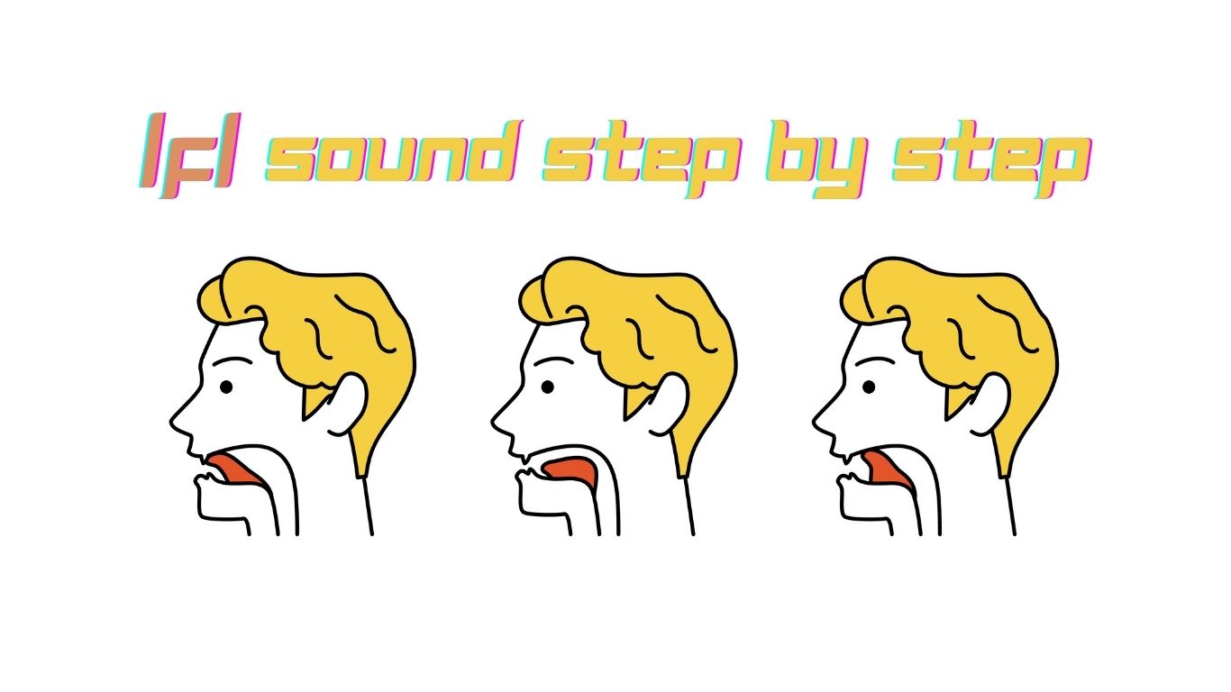 Illustration showing the correct mouth position for the American /f/ sound: upper teeth lightly touching the lower lip, steady airflow visible.