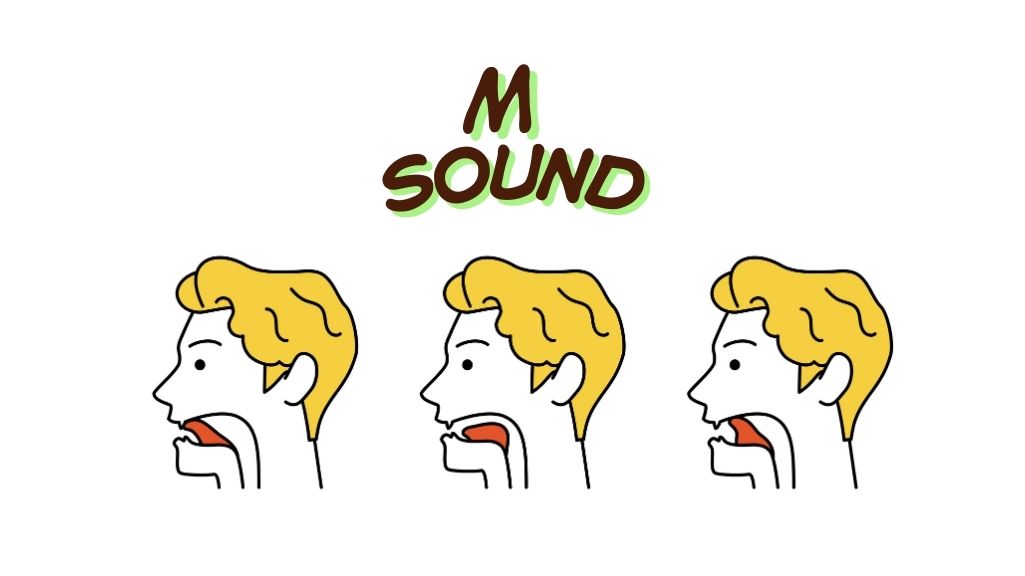 Step-by-step diagram for producing the American /m/ sound: 1) relaxed jaw and passive tongue, 2) lips fully closed, 3) vocal cords vibrating, 4) airflow shown moving through the nose, 5) release into a vowel (ma, me).
