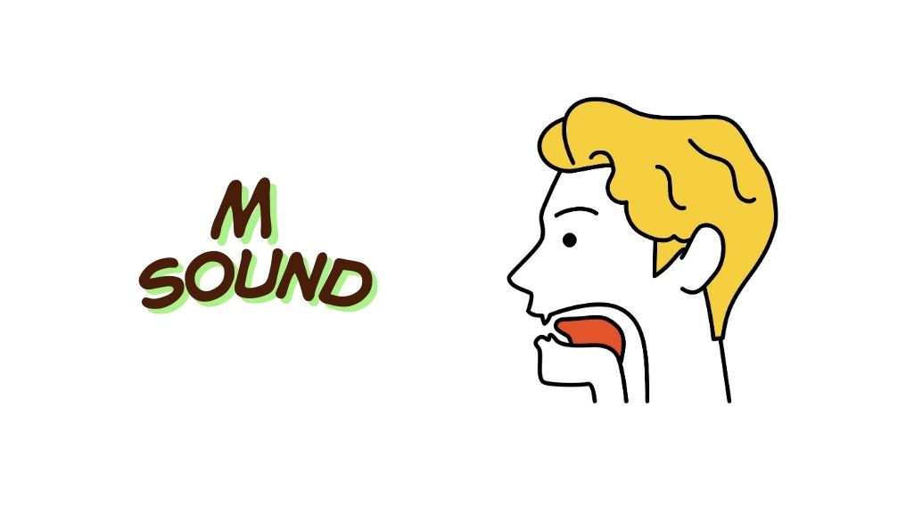 Visual of a learner practicing the American /m/ sound through drills, including syllables (ma, me, mo), words (man, summer, time), phrases (my mom, come home), and minimal pairs (map/nap, hum/hub).