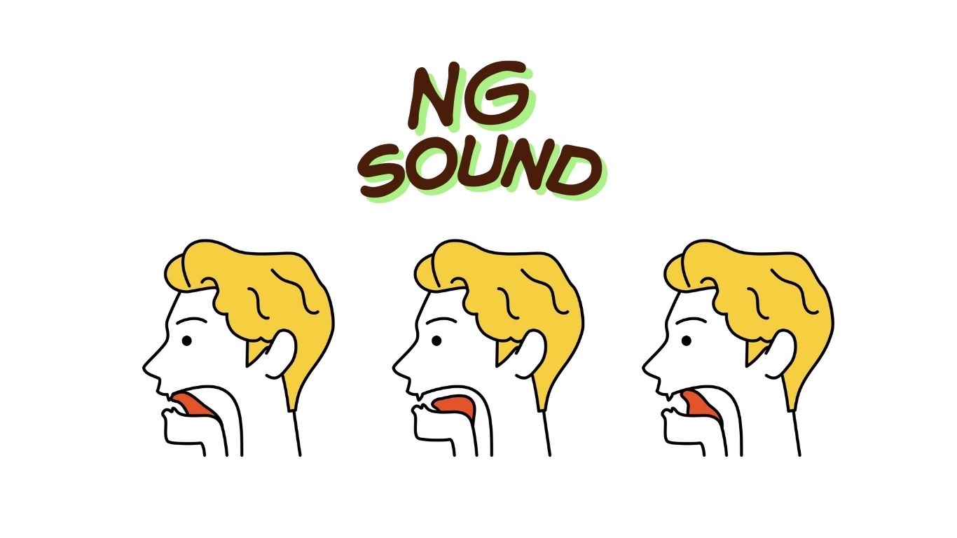 Step-by-step diagram of the American NG sound: tongue tip resting behind lower front teeth, back of tongue pressed to the soft palate, vocal cords vibrating, airflow through the nose.