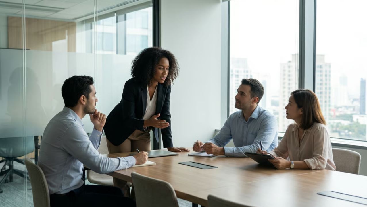 Team meeting showing a professional asking for clarification during a workplace discussion.