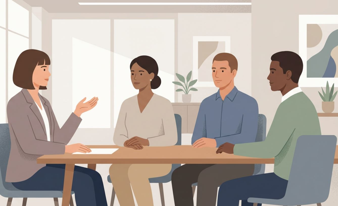 Employee politely speaking up during a professional meeting with colleagues listening respectfully.