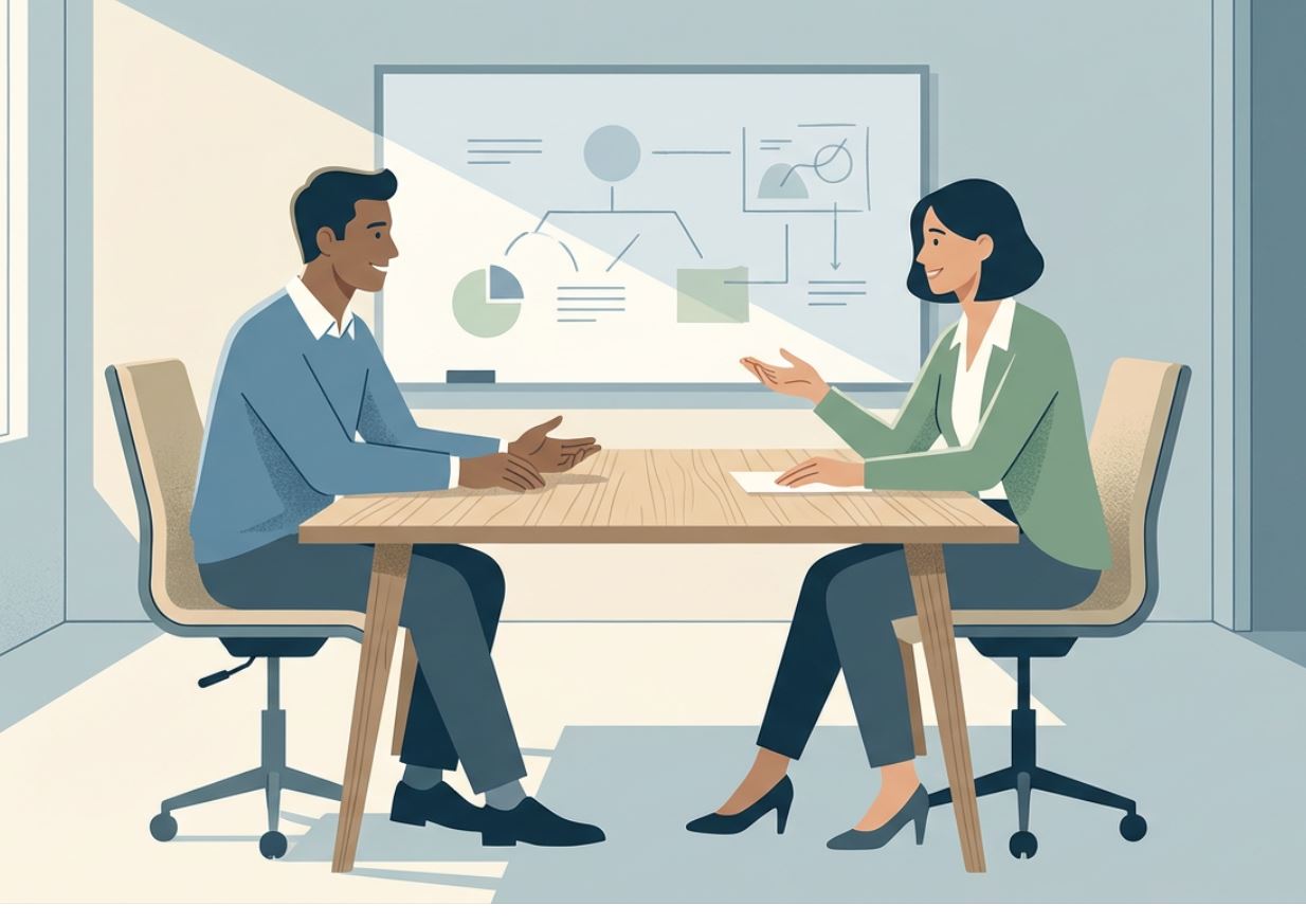 Two coworkers discussing different ideas calmly in a professional office setting.