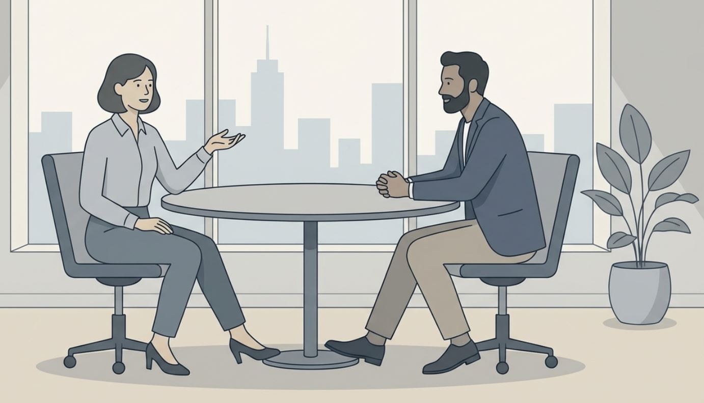 Employee respectfully sharing a concern with their manager during a professional meeting.