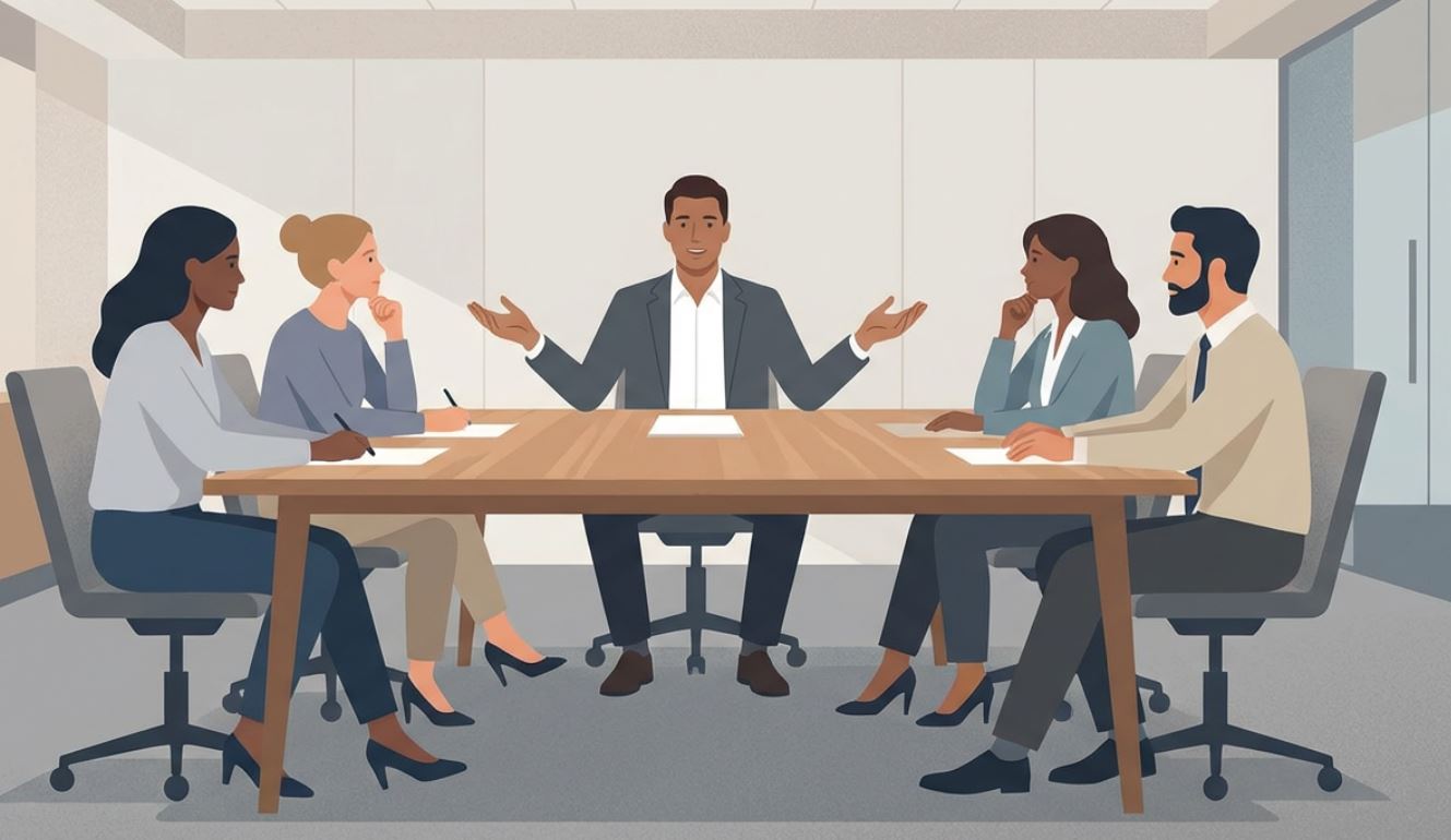 Professional team listening to a colleague speak confidently and calmly during a business meeting.