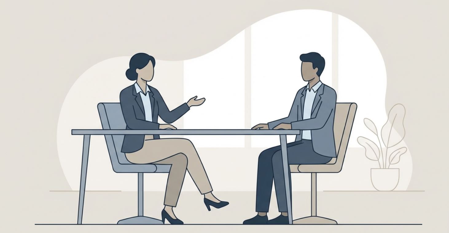 Employee following up at work with a manager in a respectful and professional conversation.