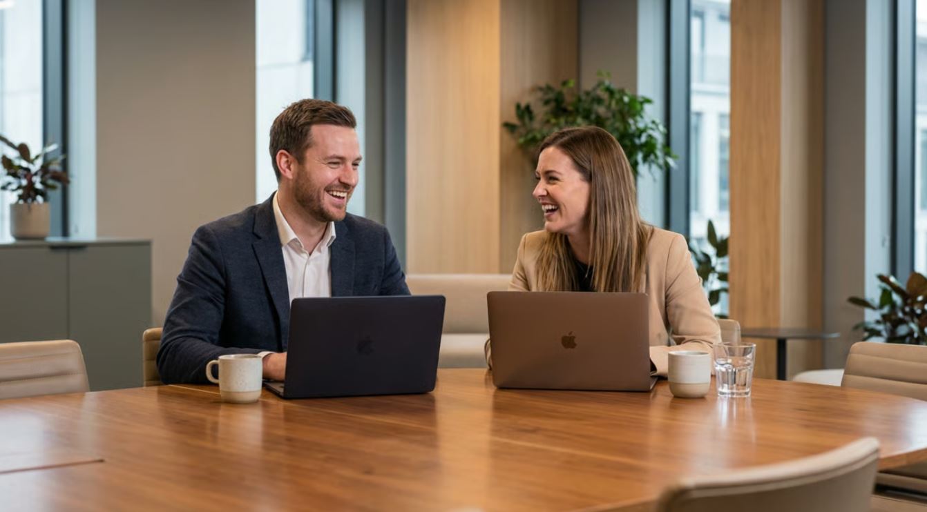 Coworkers having small talk at work before an in-person meeting.