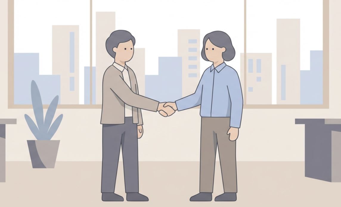 Professional handshake in a U.S. office representing trust, respect, and effective Business English communication at work.