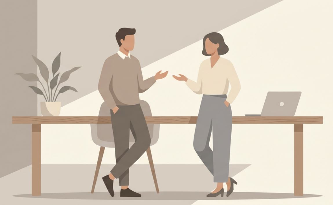 Calm workplace discussion between coworkers, representing professional tone and effective Business English in American work culture.