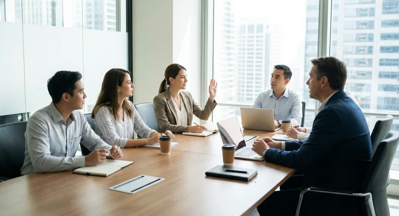 Employee asking for help at work during a professional team meeting.