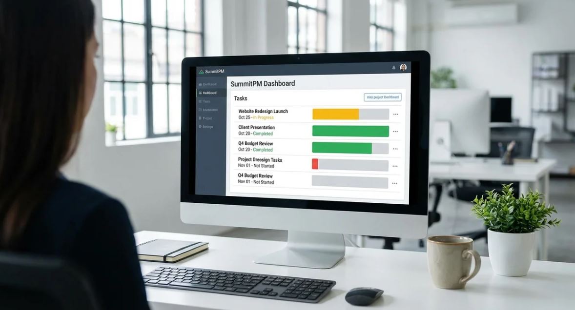 Project management dashboard showing task deadlines and progress tracking in a professional office.