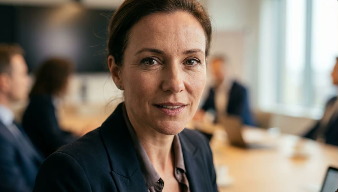 Confident professional woman speaking while introducing herself to a new team at work.