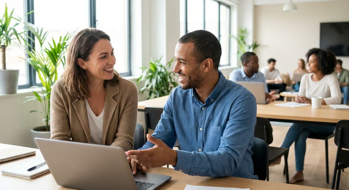 Receiving guidance after asking for help at work in a professional setting.