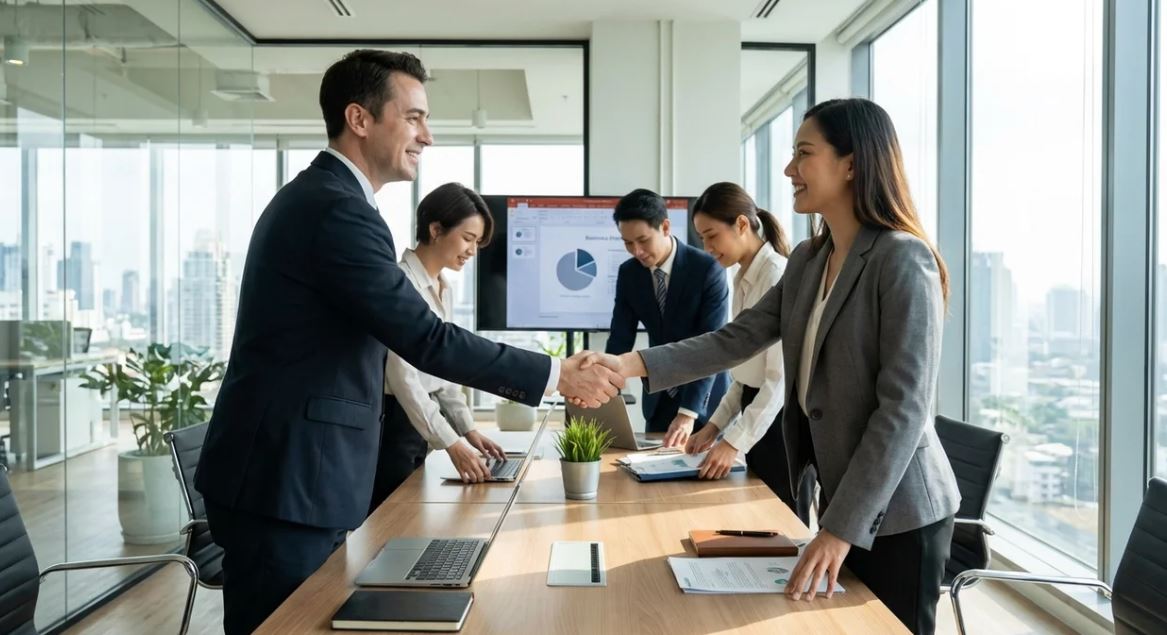 Professionals politely ending a business meeting with handshake in American office environment.