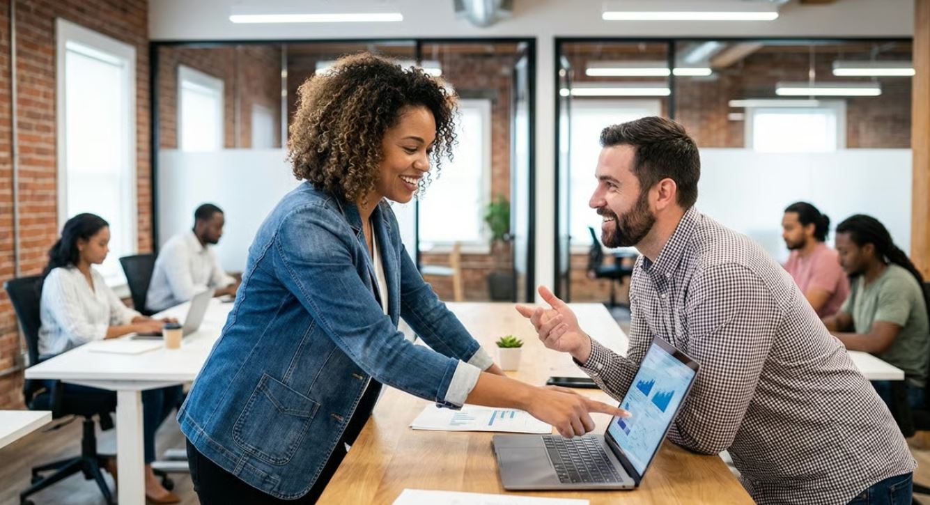 Coworkers collaborating and asking for help at work in a modern office environment.