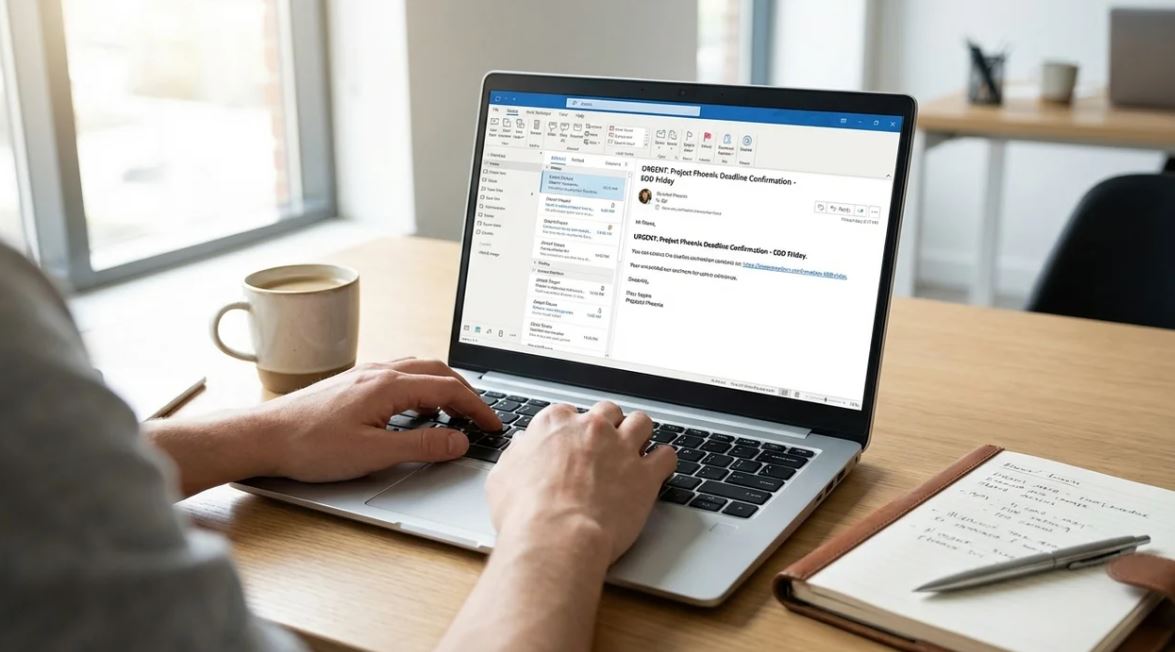 Employee typing a professional email to confirm a deadline at work on a laptop in a modern office.