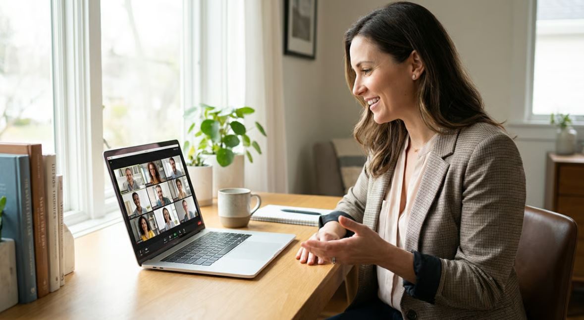 Remote employee introducing herself to a new team during a professional Zoom video meeting from a home office.