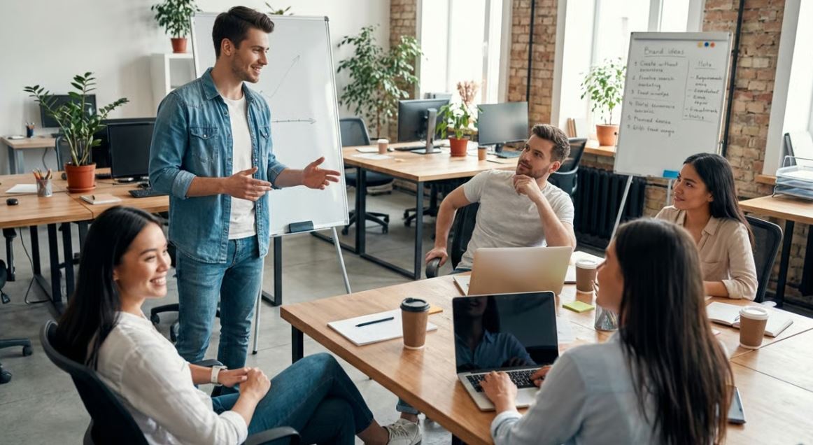 New employee introducing himself to a small startup team in a modern open office environment.