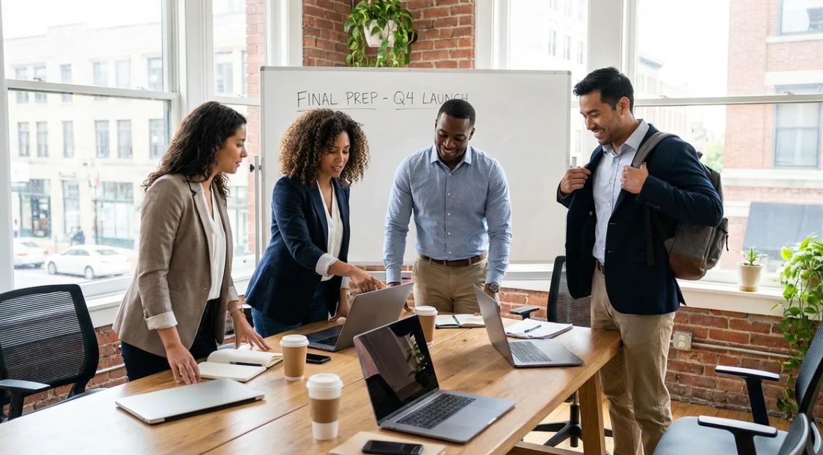 Business team confirming responsibilities and deadlines before closing a meeting.