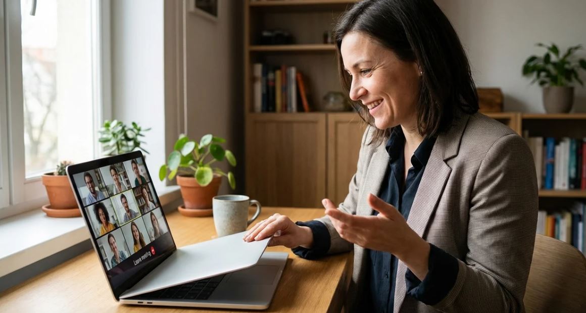 Professional ending a virtual business meeting on video call while confirming next steps.