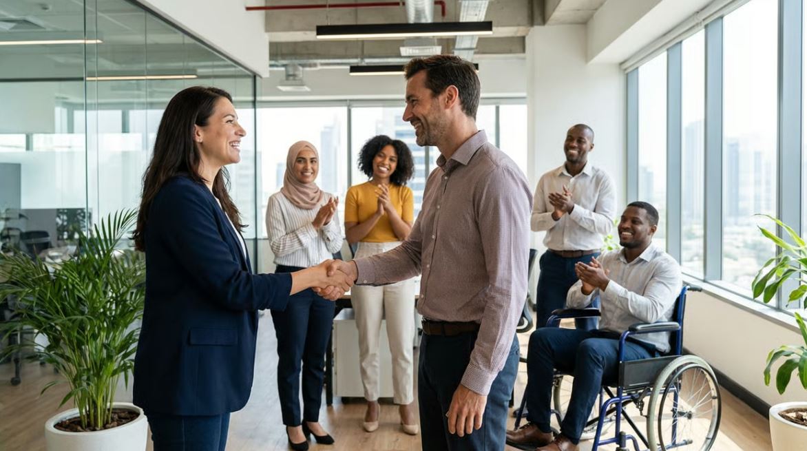 New employee shaking hands with team members after introducing herself in a professional office environment.